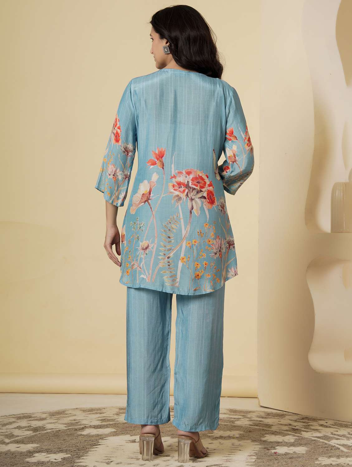 women floral three quarter sleeve ethnic co-ord set - 22140234 - Standard Image - 3