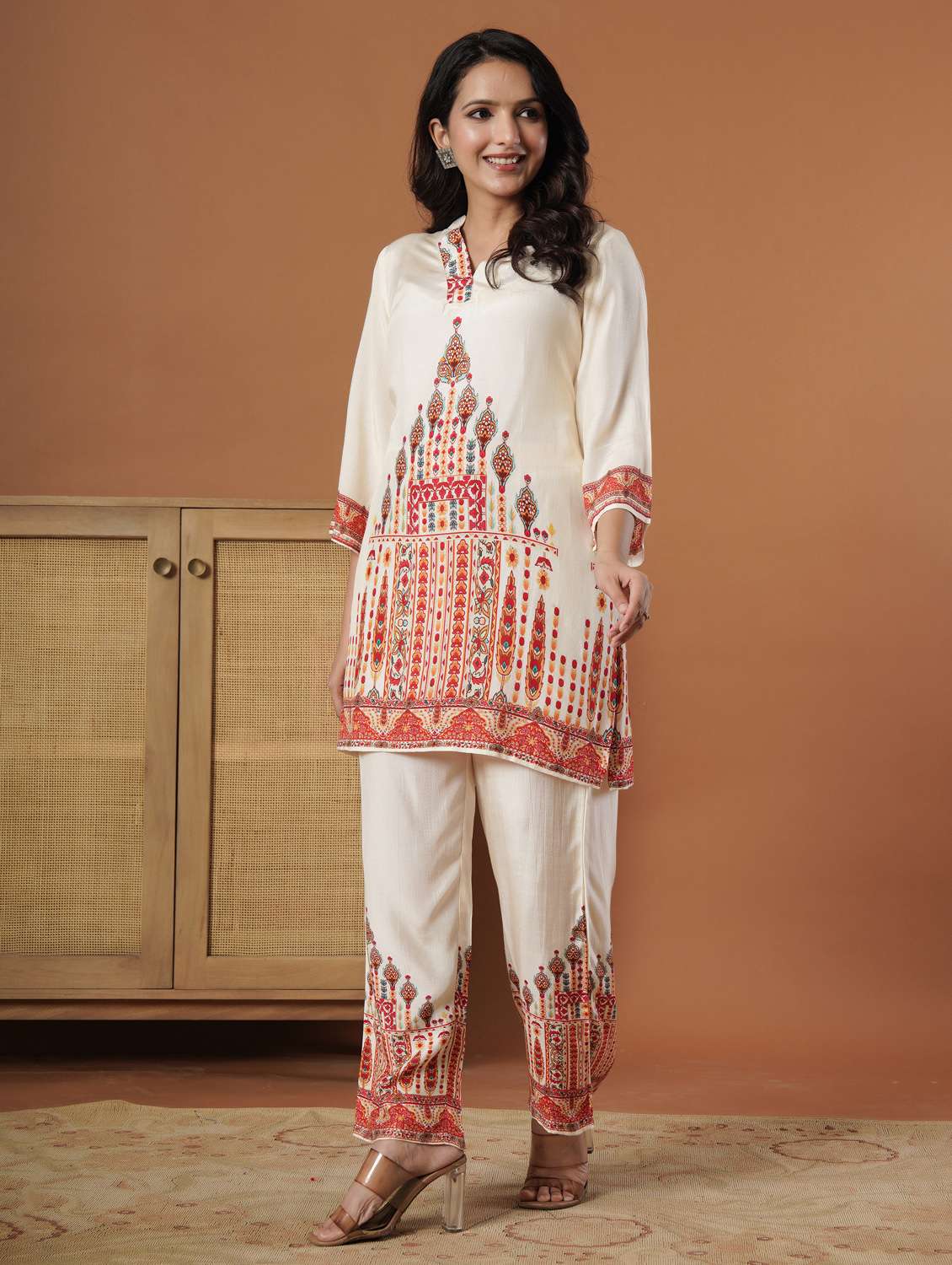 women printed three quarter sleeve ethnic co-ord set - 22140239 - Standard Image - 3