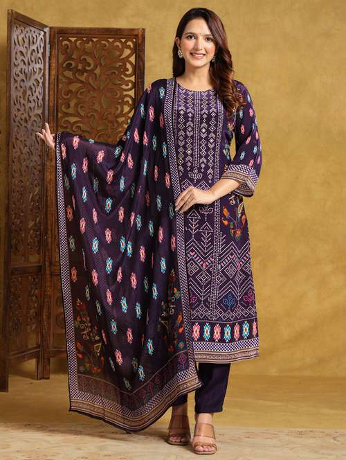 women printed three quarter sleeve kurta pant with dupatta set - 22140246 - Standard Image - 0