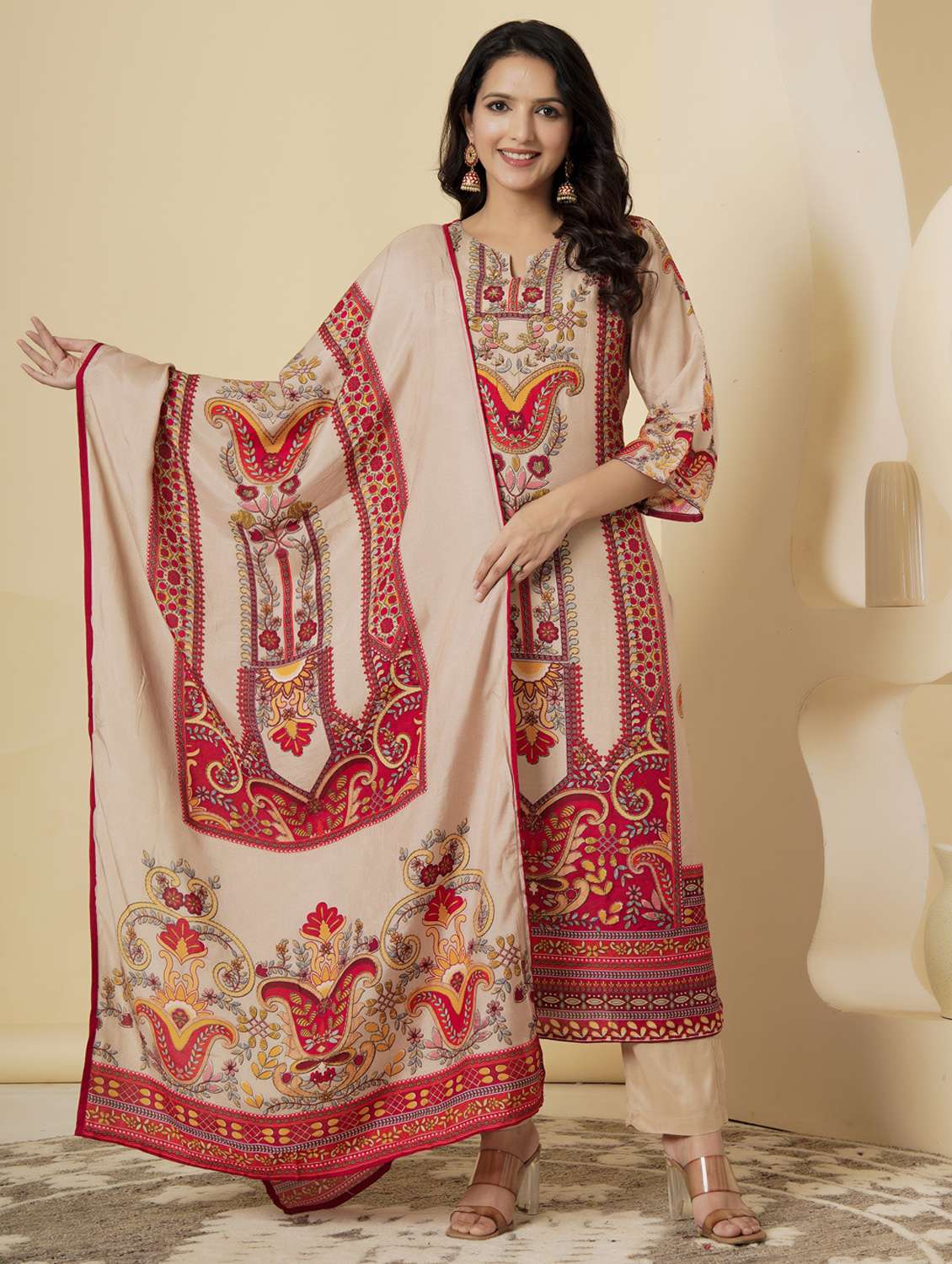 women printed three quarter sleeve kurta pant with dupatta set