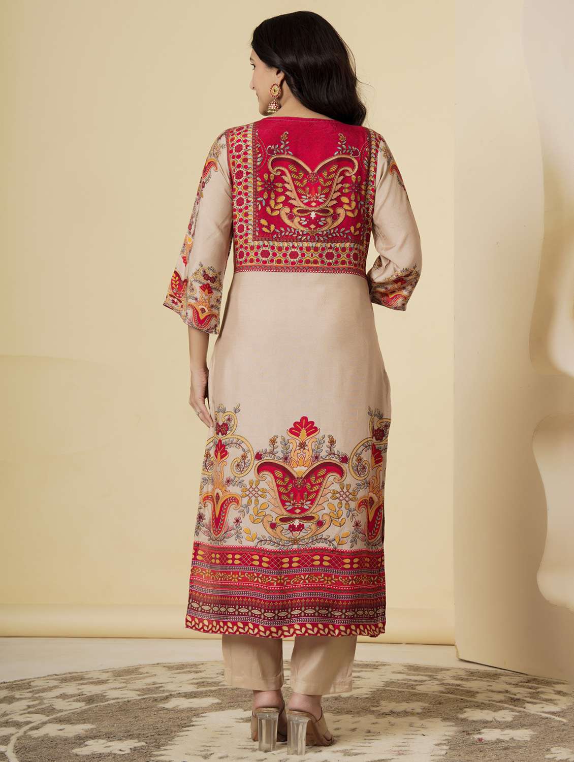 women printed three quarter sleeve kurta pant with dupatta set - 22140247 - Standard Image - 3