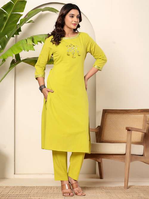 women solid with work three quarter sleeve kurta pant set - 22140250 - Standard Image - 0