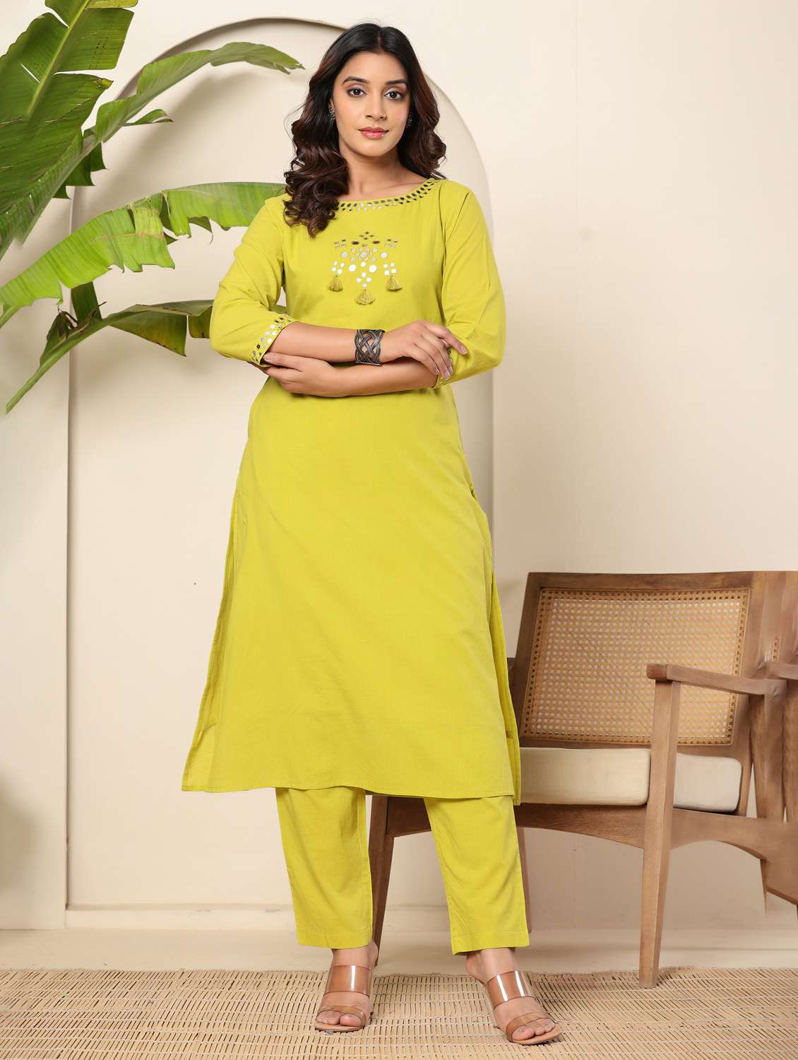women solid with work three quarter sleeve kurta pant set - 22140250 - Standard Image - 3