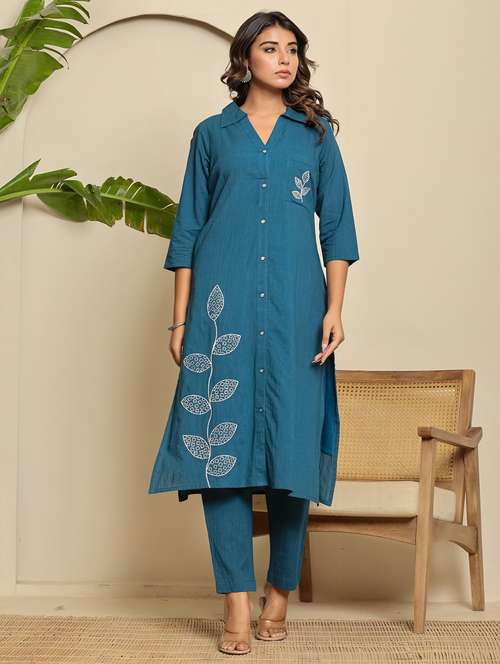 women embroidered three quarter sleeve kurta pant set - 22140254 - Standard Image - 0