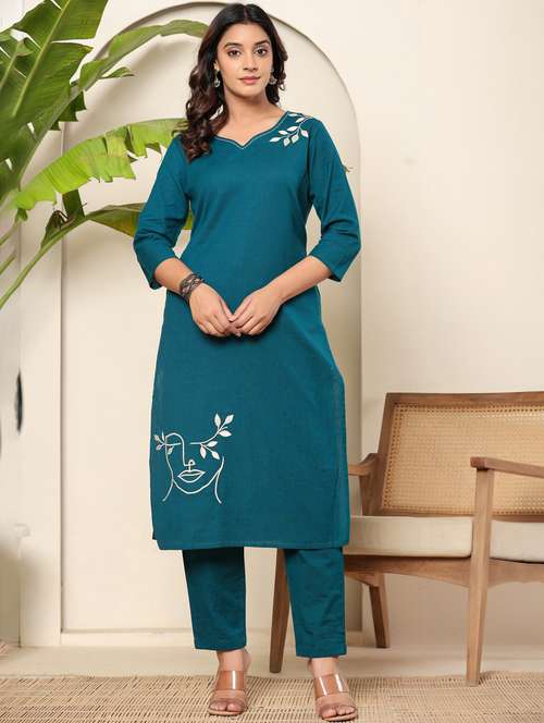 women embroidered three quarter sleeve kurta pant set - 22140255 - Standard Image - 0