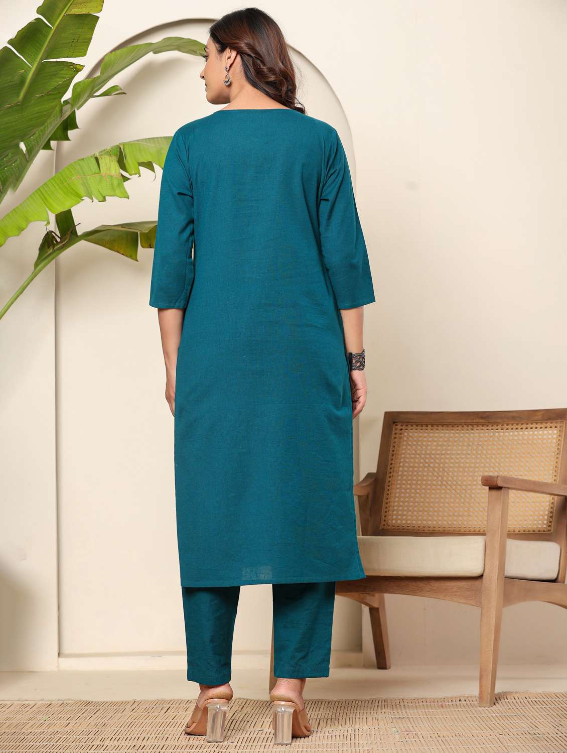 women embroidered three quarter sleeve kurta pant set - 22140255 - Standard Image - 3