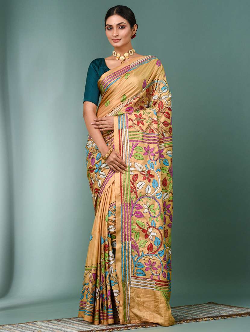 women handloom kantha stitch saree with blouse