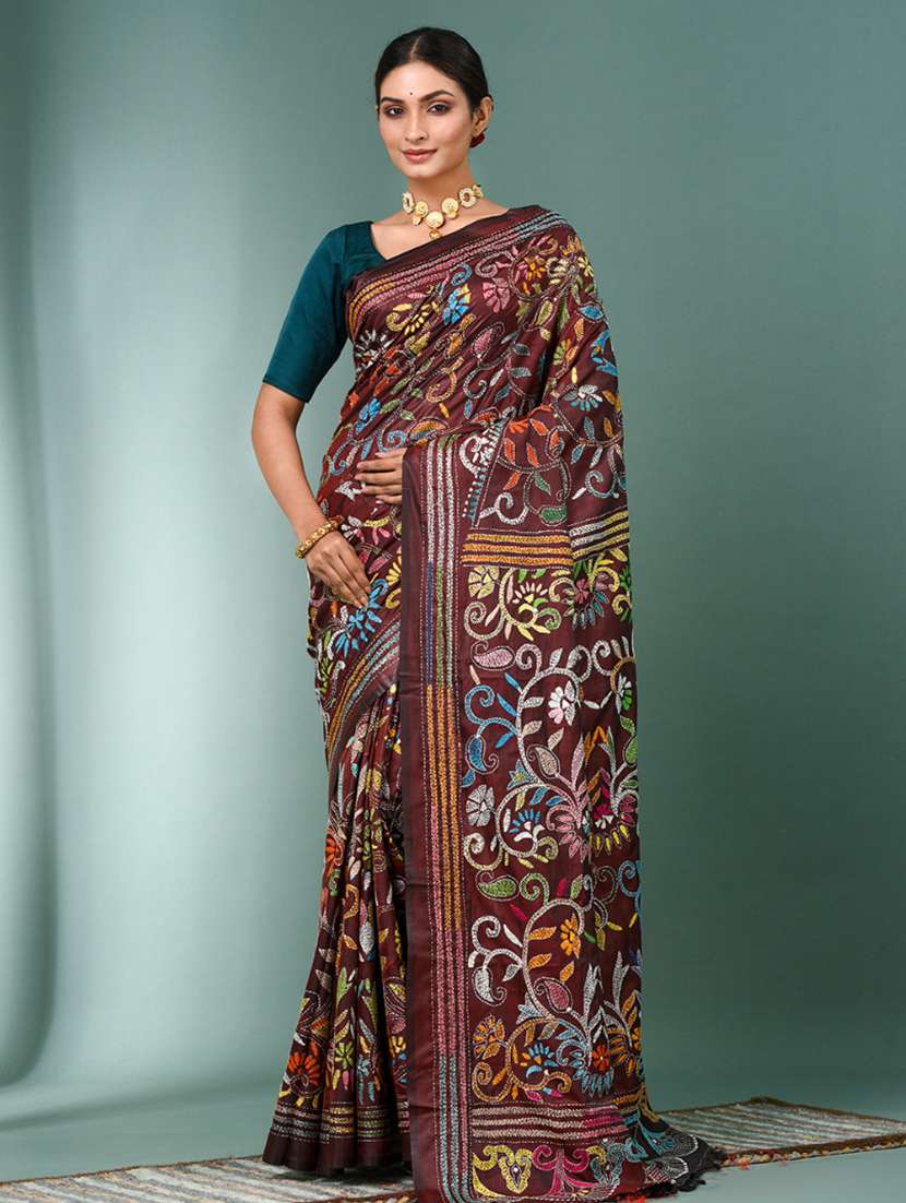 women handloom kantha stitch saree with blouse