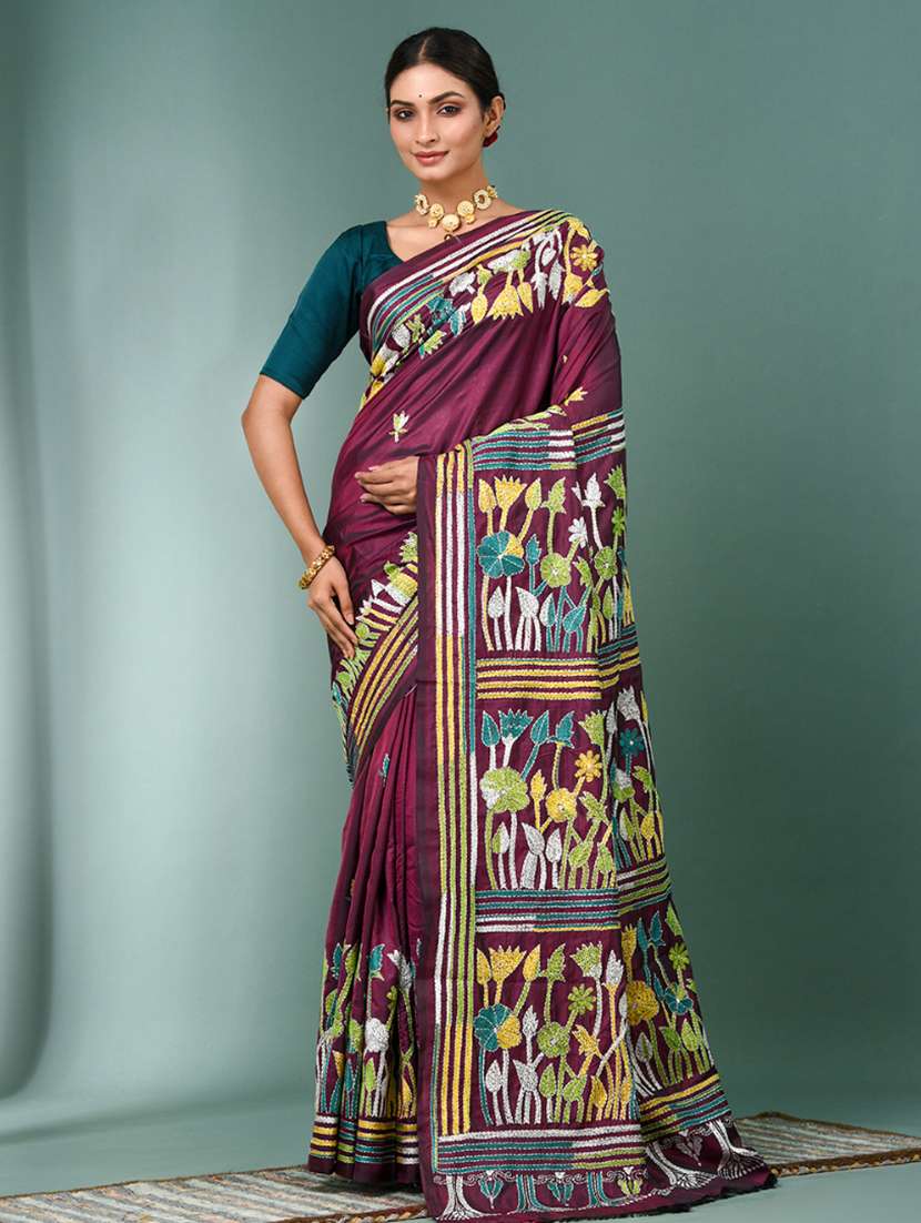 women handloom kantha stitch saree with blouse