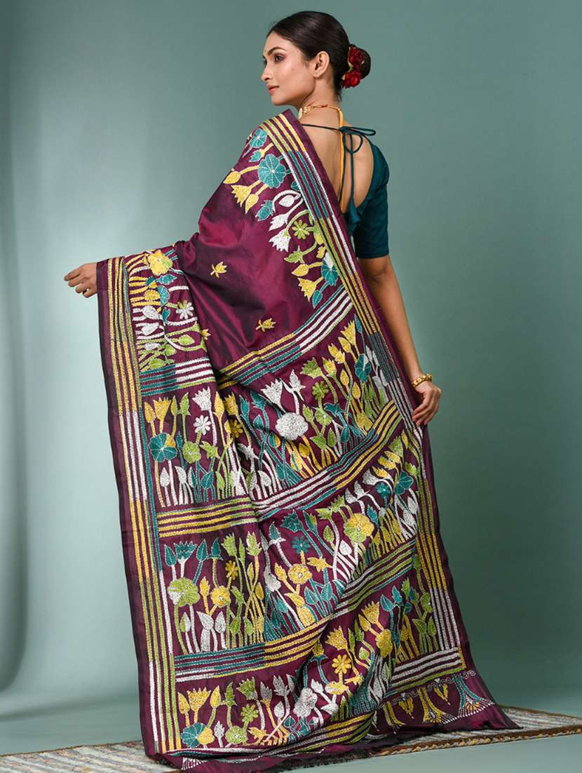 women handloom kantha stitch saree with blouse - 22140349 -  Standard Image - 3