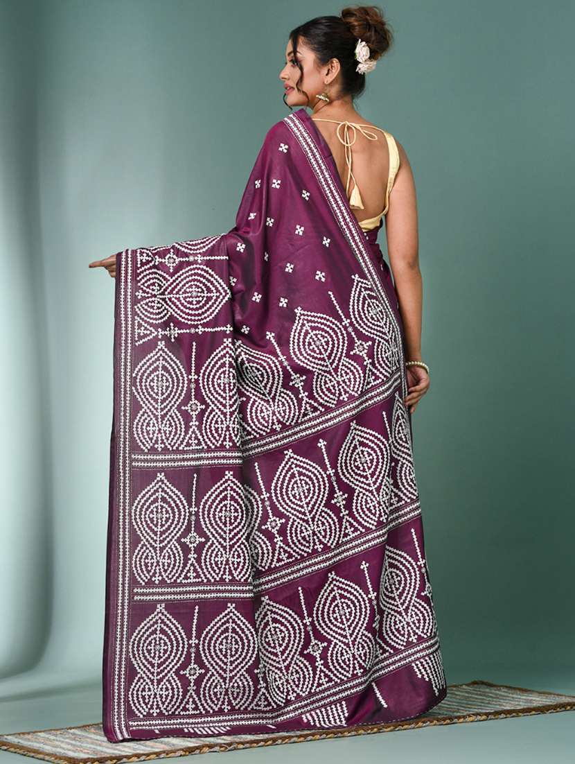 women solid with work handloom saree with blouse - 22140354 - Standard Image - 3