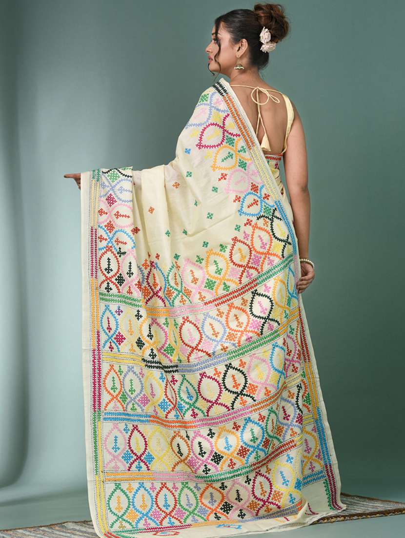 women solid with work handloom saree with blouse - 22140357 - Standard Image - 3