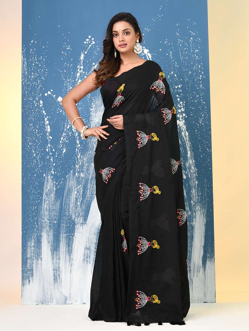 women solid with work handloom saree with blouse