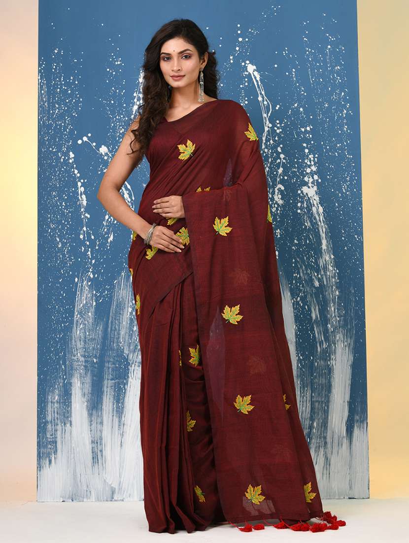women solid with work handloom saree with blouse