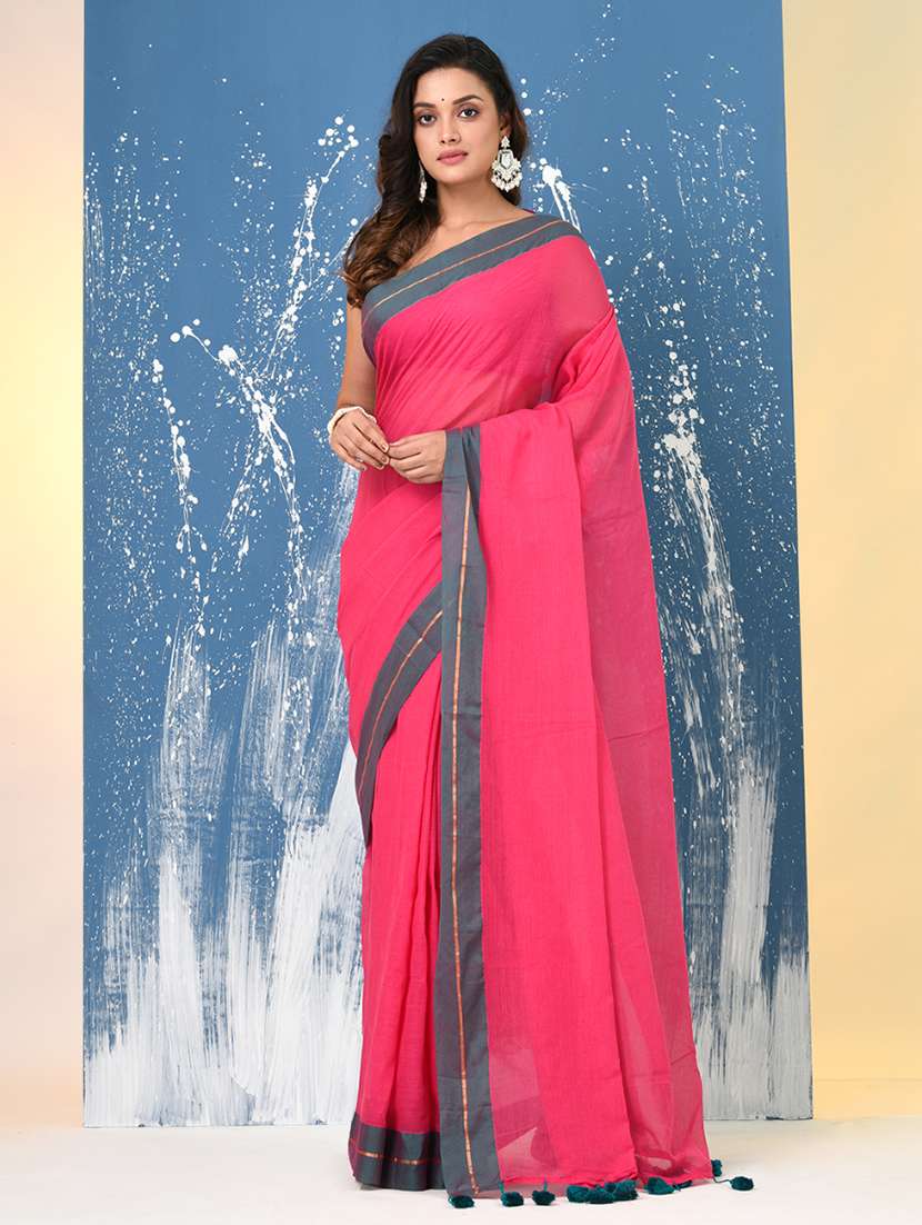 women solid with bordered handloom saree