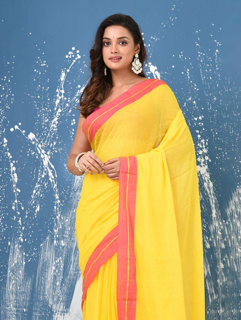 women solid with bordered handloom saree - 22140467 -  Standard Image - 5
