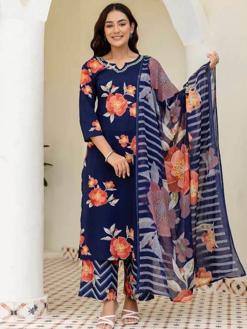 women floral printed three quarter sleeve kurta pant with dupatta set - 22140535 -  Standard Image - 0