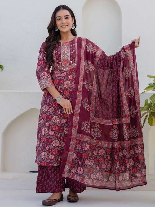 women floral printed three quarter sleeve kurta palazzo with dupatta set - 22140545 -  Standard Image - 0