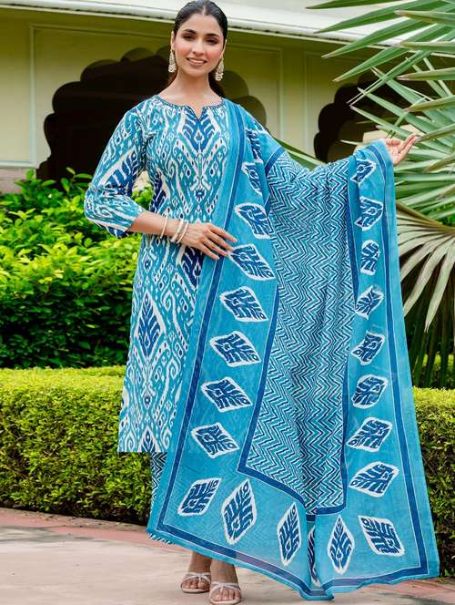 women ikat printed three quarter sleeve kurta palazzo with dupatta set - 22140548 -  Standard Image - 0