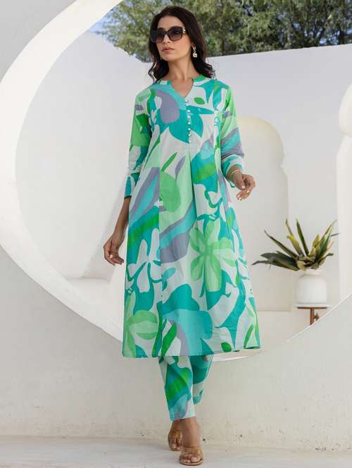 women printed three quarter sleeve kurta pant set - 22140551 -  Standard Image - 0