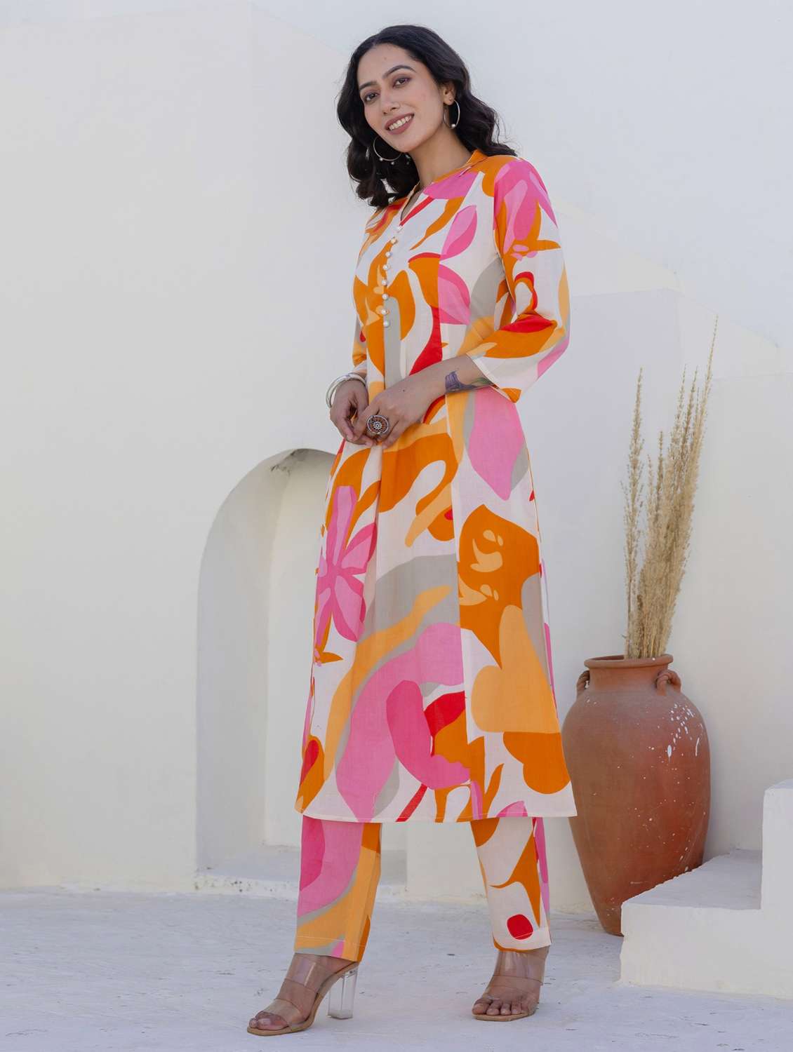 women printed three quarter sleeve kurta pant set - 22140552 -  Standard Image - 3