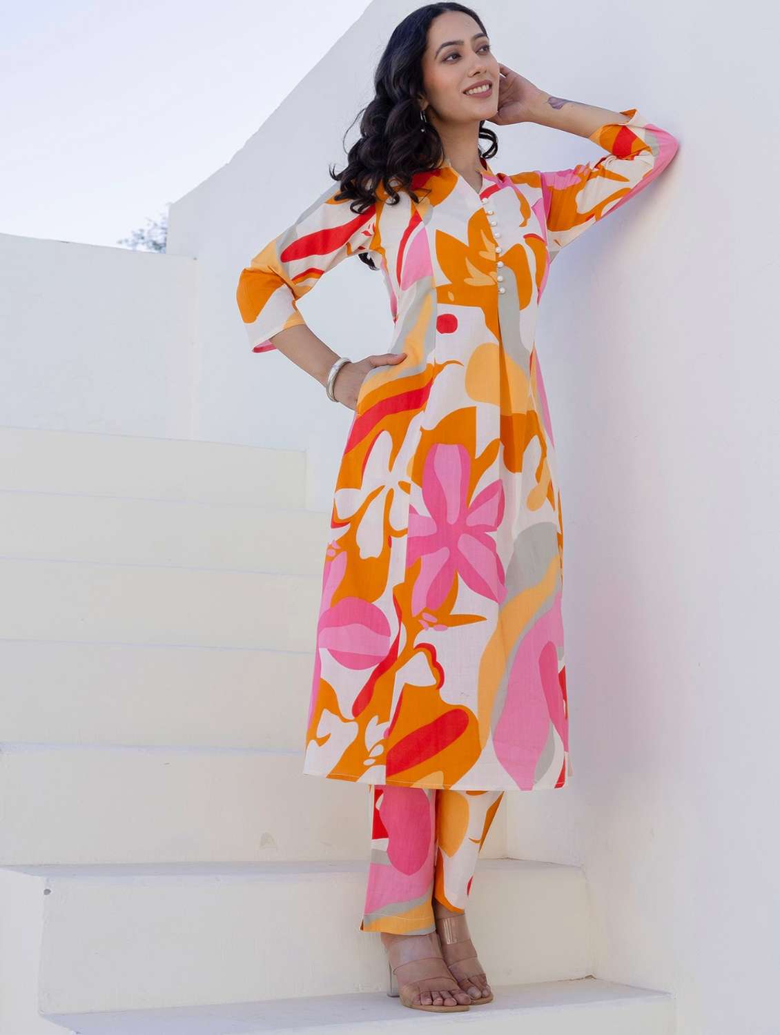 women printed three quarter sleeve kurta pant set - 22140552 -  Standard Image - 5