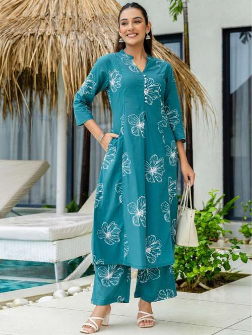 women floral printed three quarter sleeve kurta palazzo set - 22140553 -  Standard Image - 0