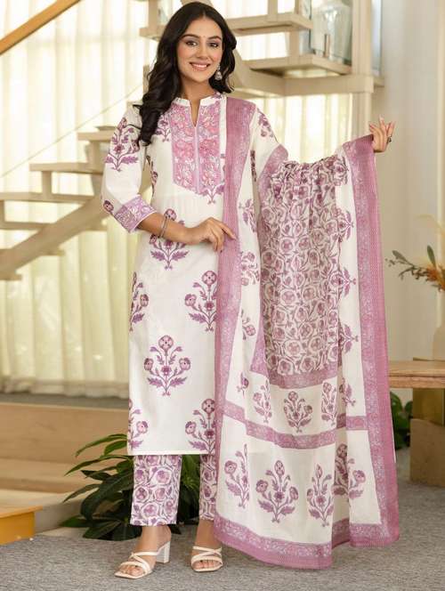 women floral printed three quarter sleeve kurta pant with dupatta set - 22140554 -  Standard Image - 0