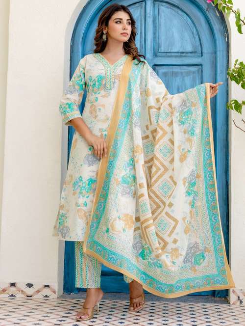 women printed three quarter sleeve kurta pant with dupatta set - 22140558 -  Standard Image - 0