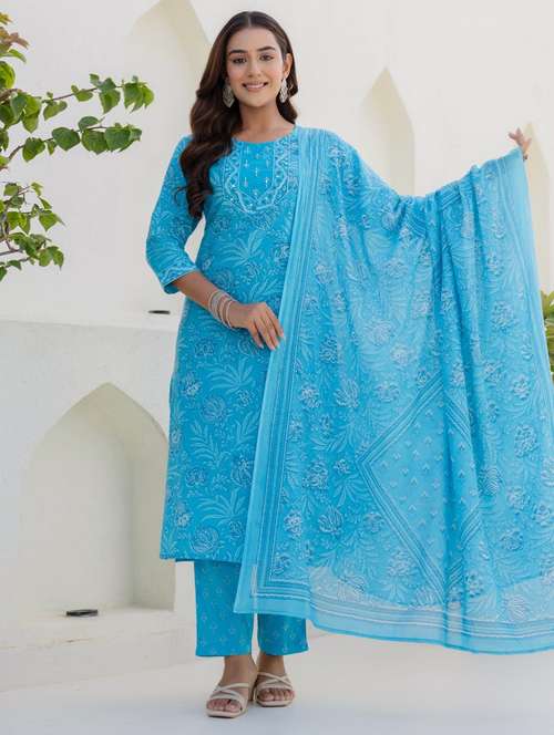 women floral printed three quarter sleeve kurta pant with dupatta set - 22140561 -  Standard Image - 0