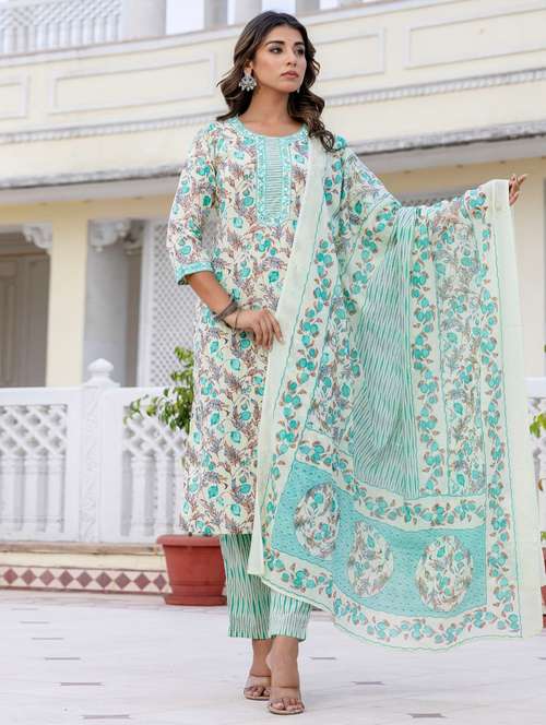 women floral printed three quarter sleeve kurta pant with dupatta set - 22140563 -  Standard Image - 0