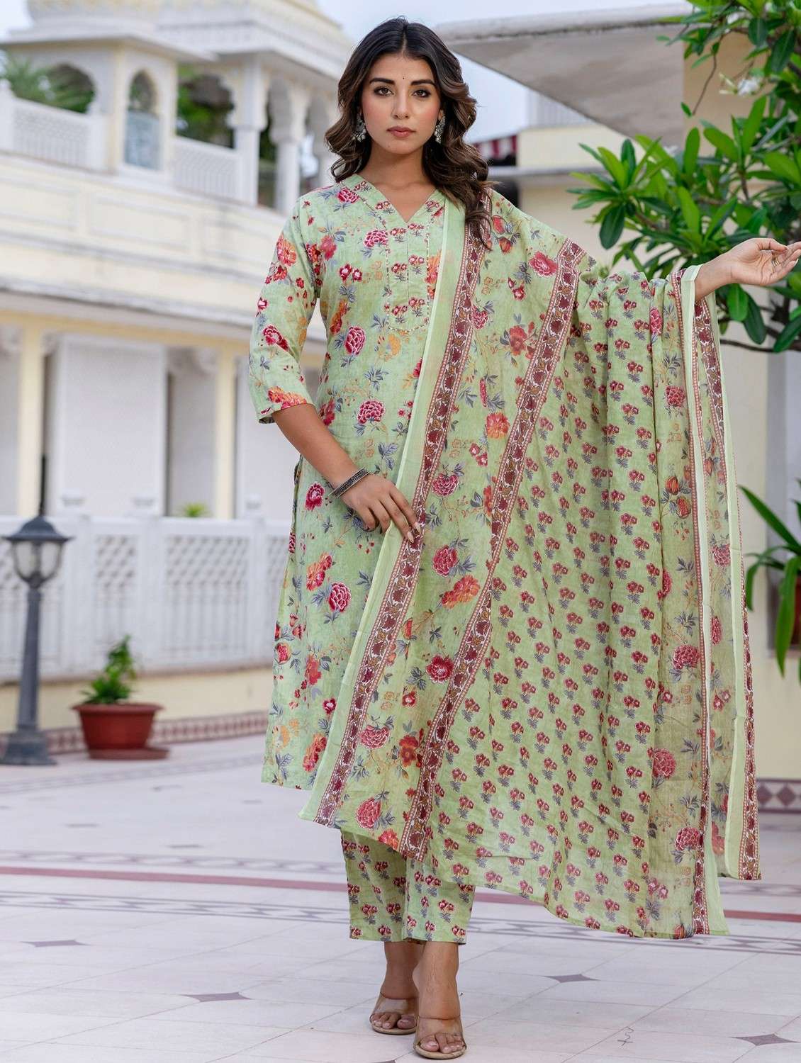women floral printed three quarter sleeve kurta pant with dupatta set