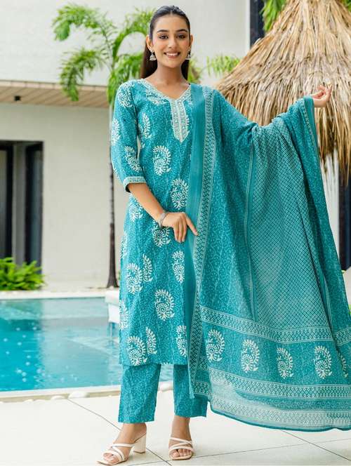 women printed three quarter sleeve kurta pant with dupatta set - 22140573 -  Standard Image - 0