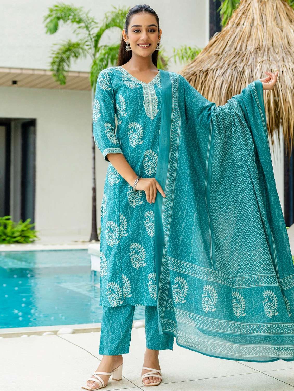 women printed three quarter sleeve kurta pant with dupatta set - 22140573 -  Zoom Image - 0