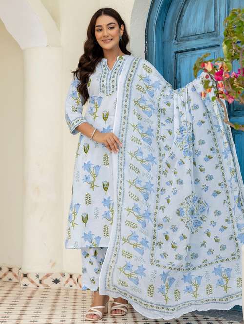 women floral printed three quarter sleeve kurta pant with dupatta set - 22140575 -  Standard Image - 0