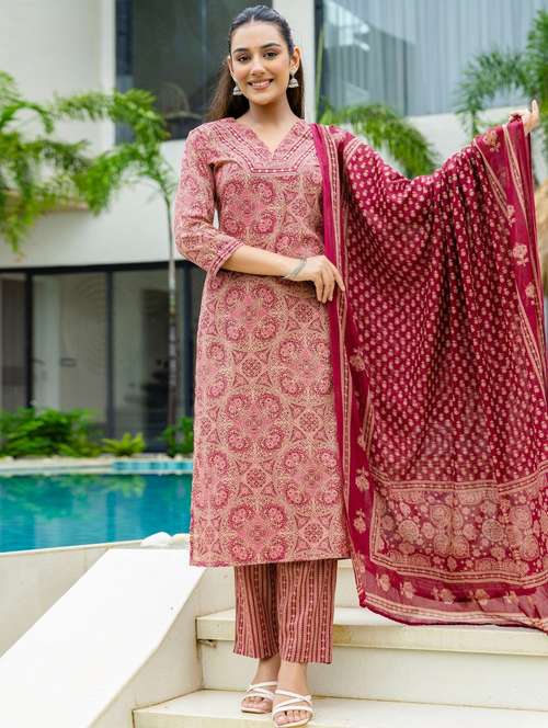 women printed three quarter sleeve kurta pant with dupatta set - 22140576 - Standard Image - 0