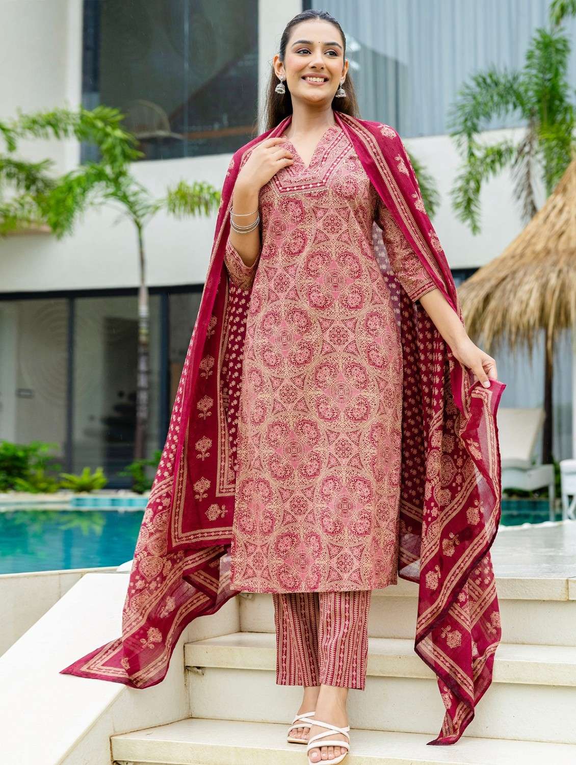 women printed three quarter sleeve kurta pant with dupatta set - 22140576 - Standard Image - 3