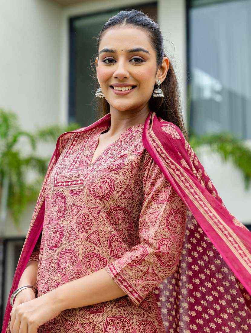 women printed three quarter sleeve kurta pant with dupatta set - 22140576 - Standard Image - 5