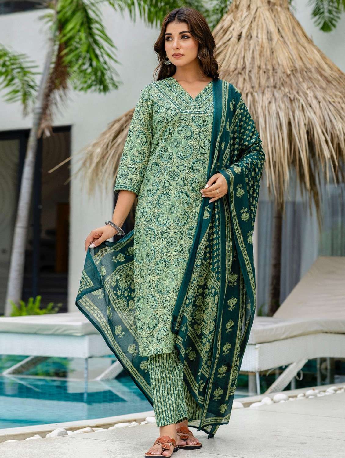 women printed three quarter sleeve kurta pant with dupatta set - 22140577 -  Standard Image - 3