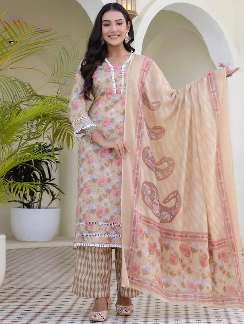 women floral printed three quarter sleeve kurta palazzo with dupatta set - 22140583 - Standard Image - 0