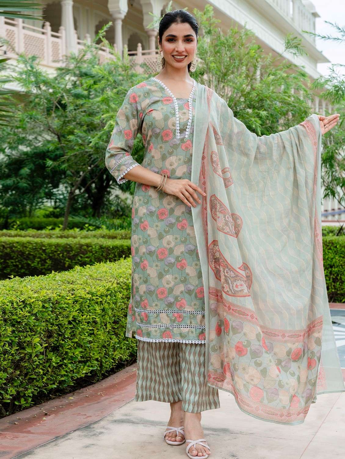 women floral printed three quarter sleeve kurta palazzo with dupatta set - 22140584 -  Zoom Image - 0