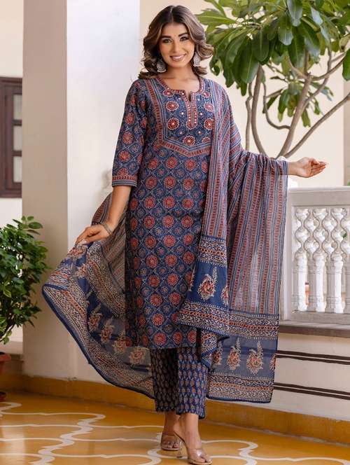 women printed three quarter sleeve kurta pant with dupatta set - 22140587 -  Standard Image - 0