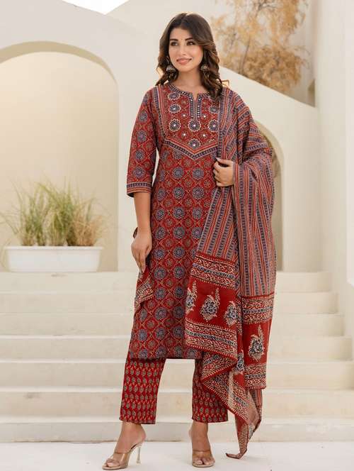 women printed three quarter sleeve kurta pant with dupatta set - 22140588 -  Standard Image - 0
