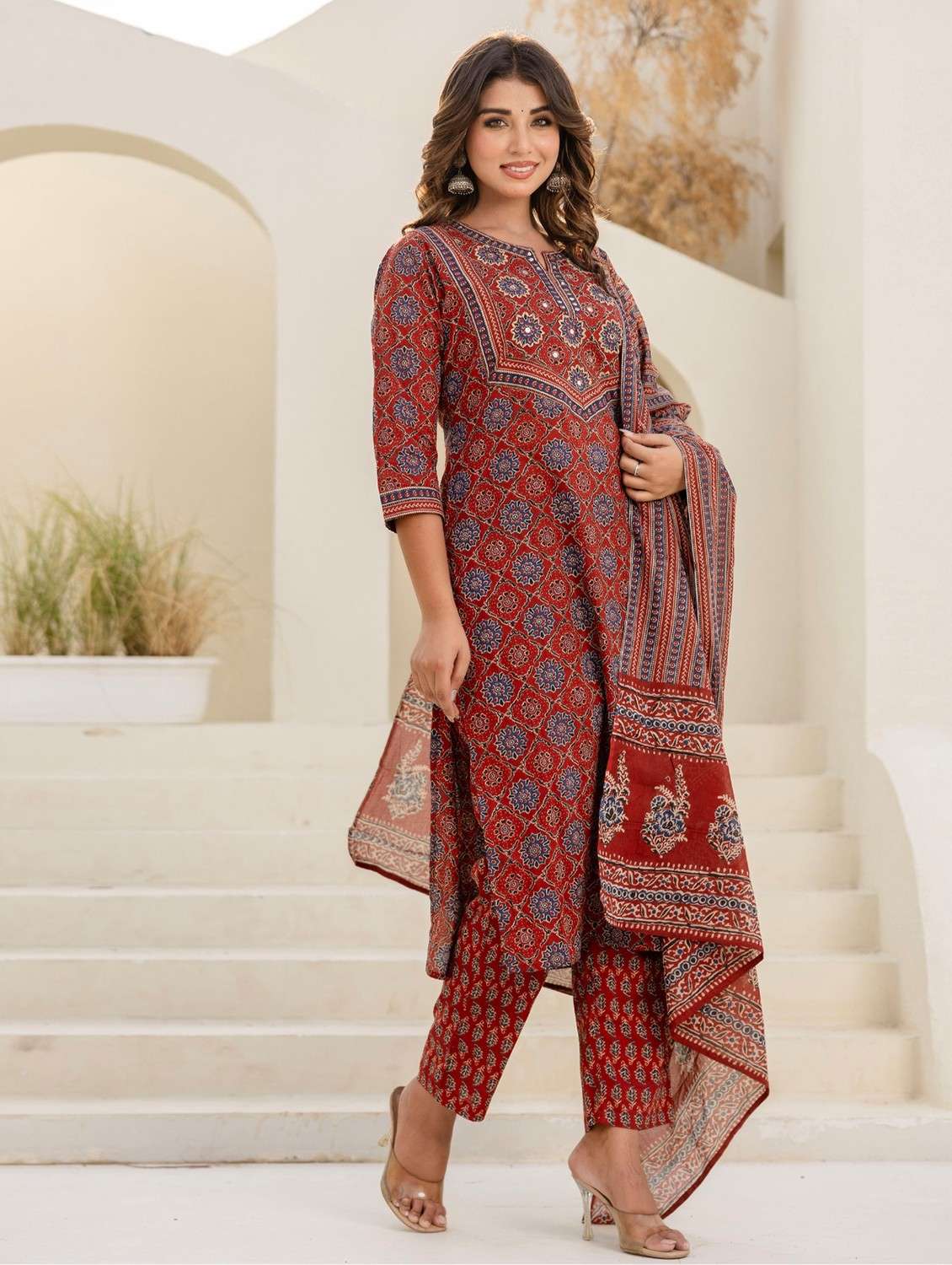women printed three quarter sleeve kurta pant with dupatta set - 22140588 -  Standard Image - 3