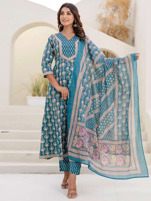 women floral printed three quarter sleeve kurta pant with dupatta set - 22140596 - Standard Image - 0