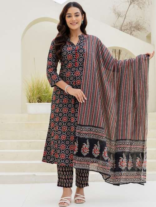 women printed three quarter sleeve kurta pant with dupatta set - 22140600 -  Standard Image - 0