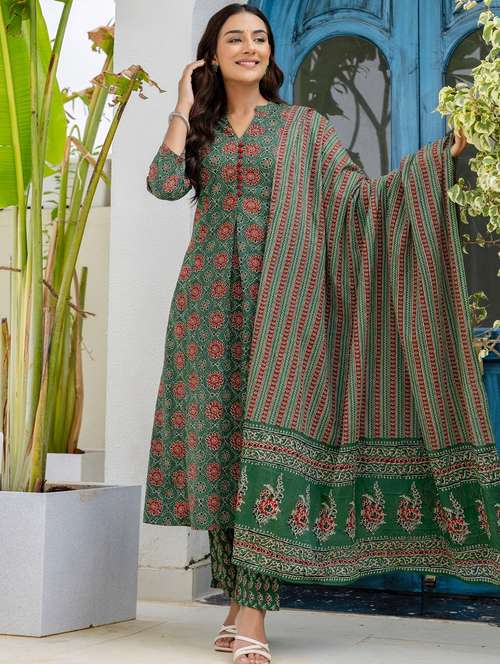 women printed three quarter sleeve kurta pant with dupatta set - 22140601 -  Standard Image - 0