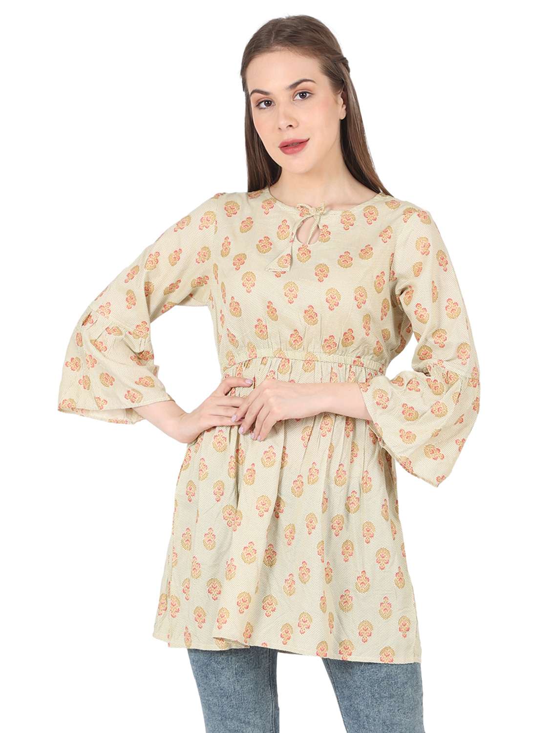 women printed bell sleeve long flared top - 22140604 -  Zoom Image - 0