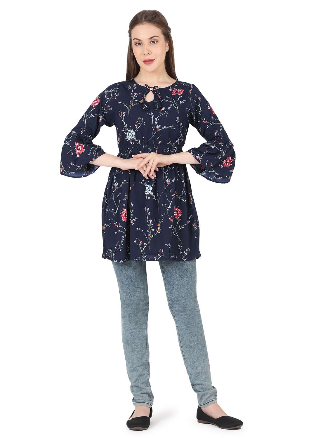 women printed bell sleeve long flared top - 22140605 - Standard Image - 5