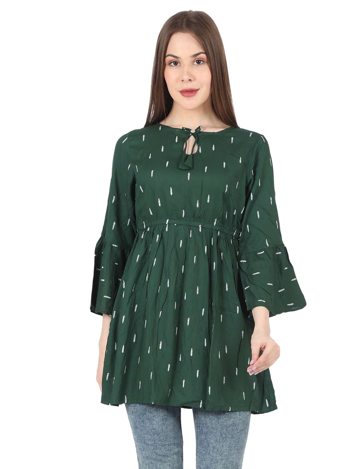 women printed bell sleeve long a-line tunic - 22140607 - Zoom Image - 0